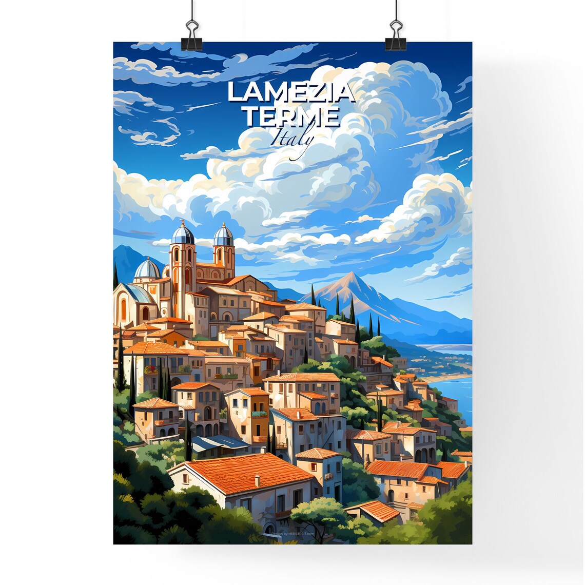 Vivid Lamezia Terme Italy Hillside Old Town Church Domes Poster - Image 4