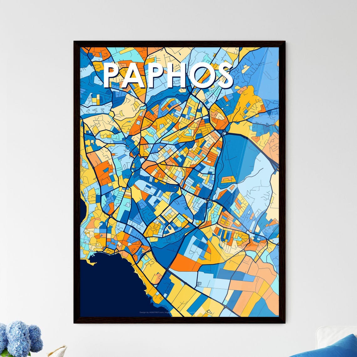 Paphos Cyprus Coastal Colorful Blue Orange City Map Art Poster