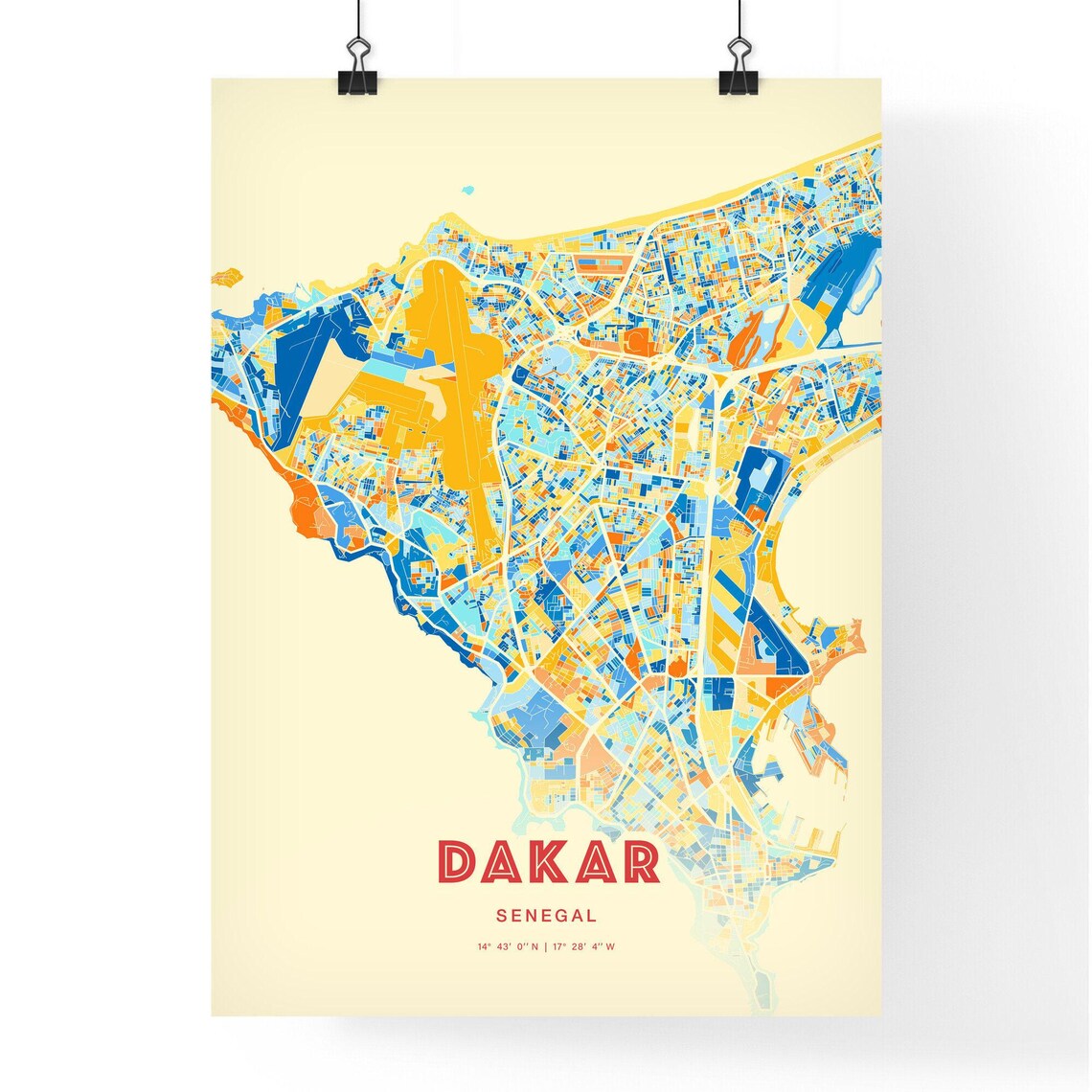 Dakar Senegal Colorful Blue and Orange City Street Map Poster - Image 3