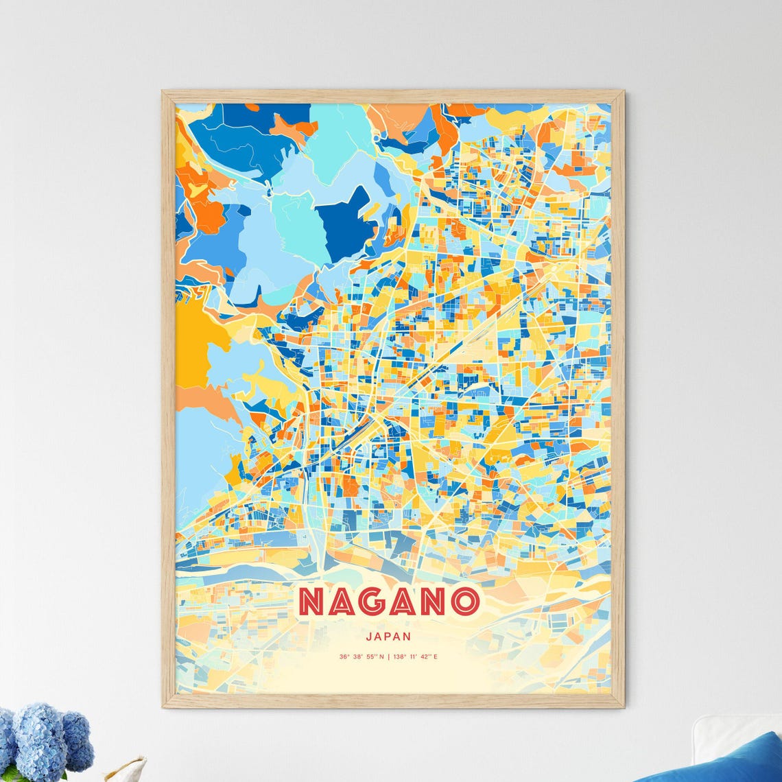 Nagano Japan Vibrant Colorful Art Map Poster Blue Orange City Design