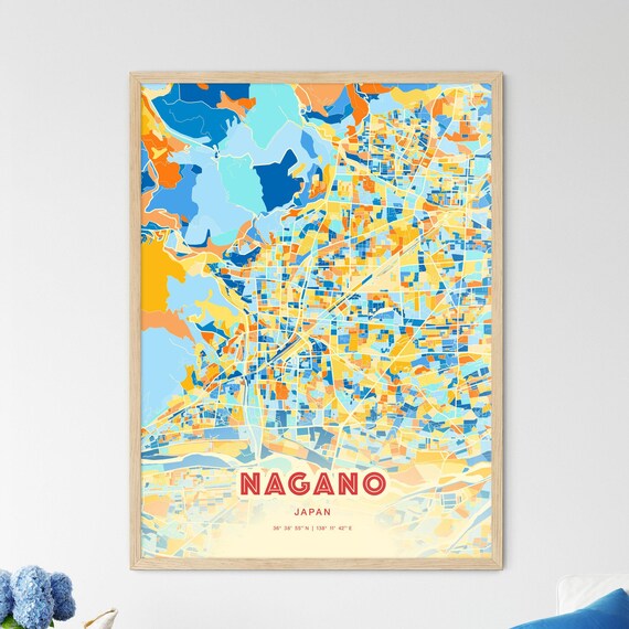 Nagano Japan Vibrant Colorful Art Map Poster Blue Orange City Design