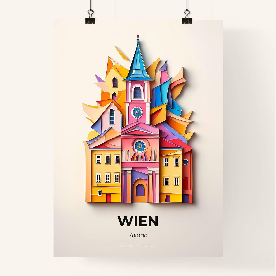 Wien Austria Pink Church Clock Tower Vivid Paper Cut Art Poster - Image 4