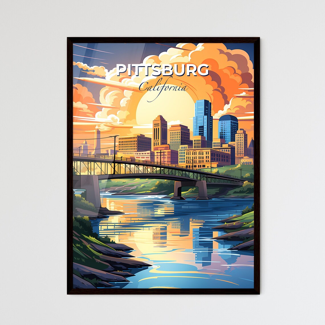 Pittsburg California River Bridge Skyline Sunset Travel Poster