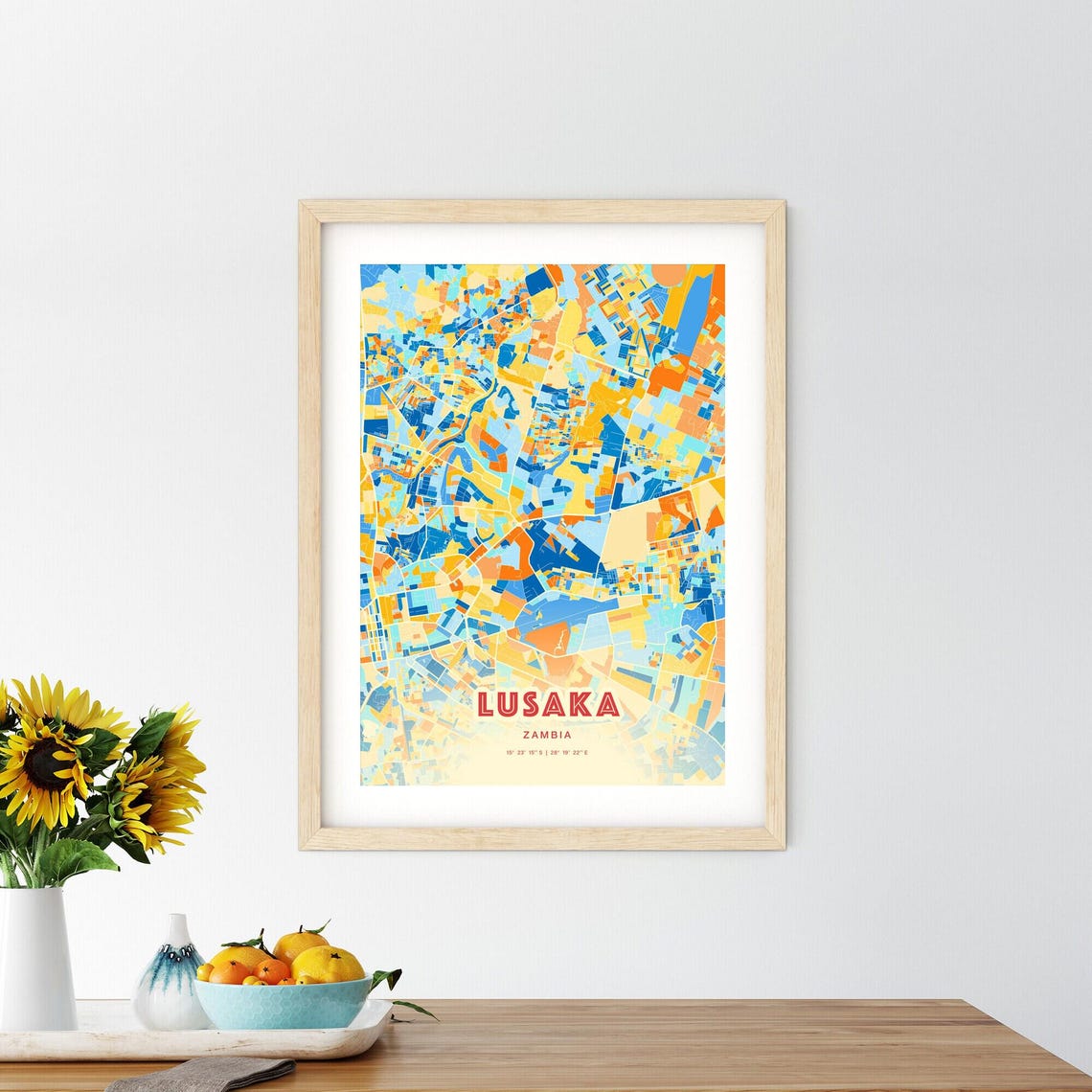 Lusaka Zambia Vivid Blue Orange Colorful Abstract City Map Art Poster - Image 2