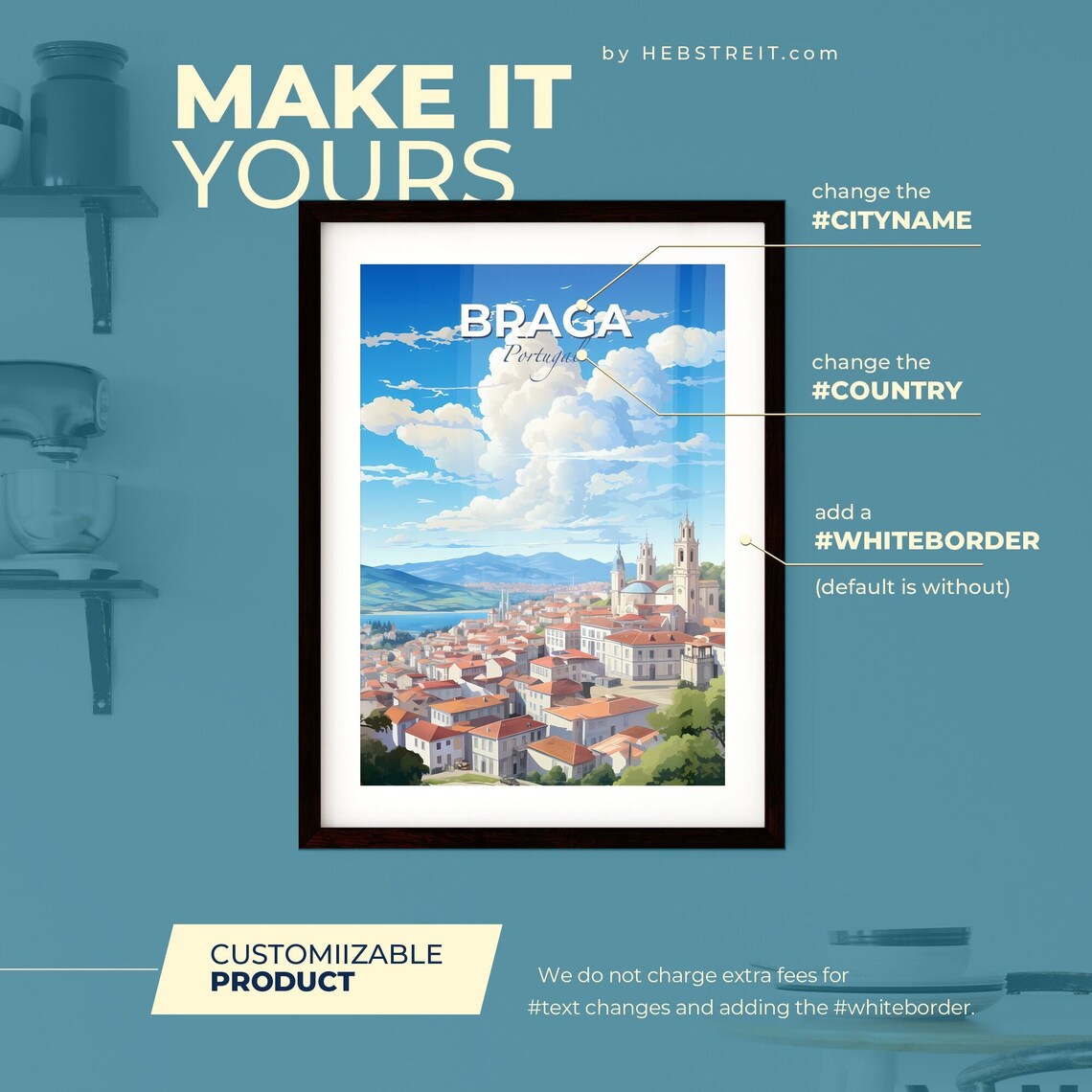 Braga Portugal Travel Poster Cathedral Towers Red Rooftops City Panorama - Image 2