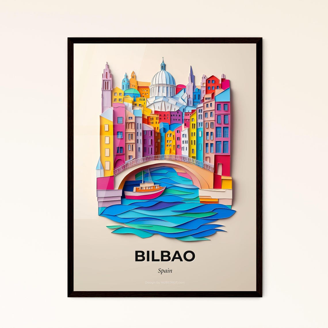 Bilbao Spain Old Town River Boat Colorful Paper Cut Art Poster
