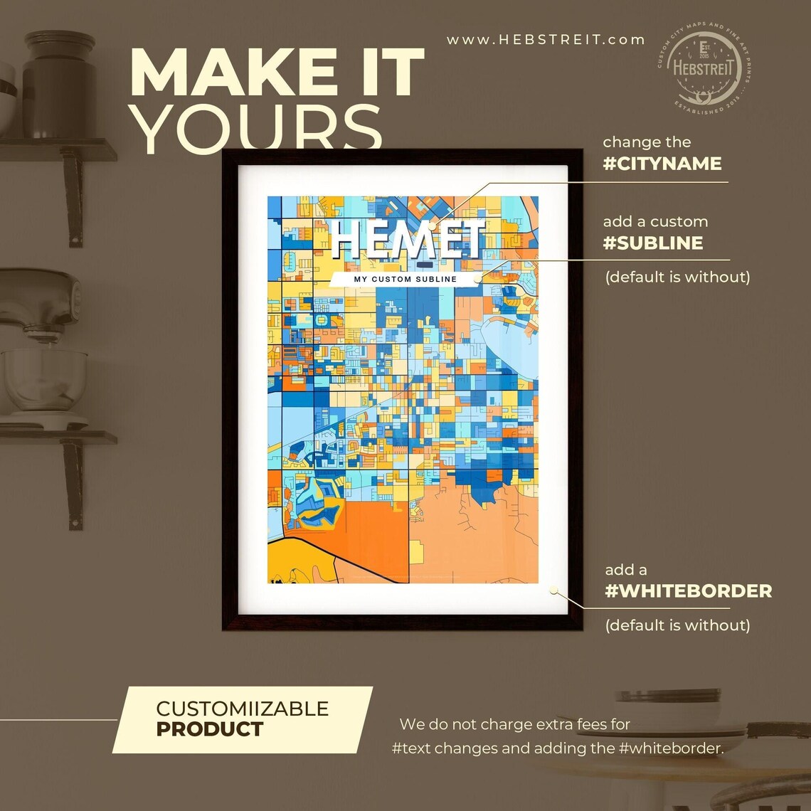 Hemet California Colorful Modern City Street Map Artwork Poster - Image 2