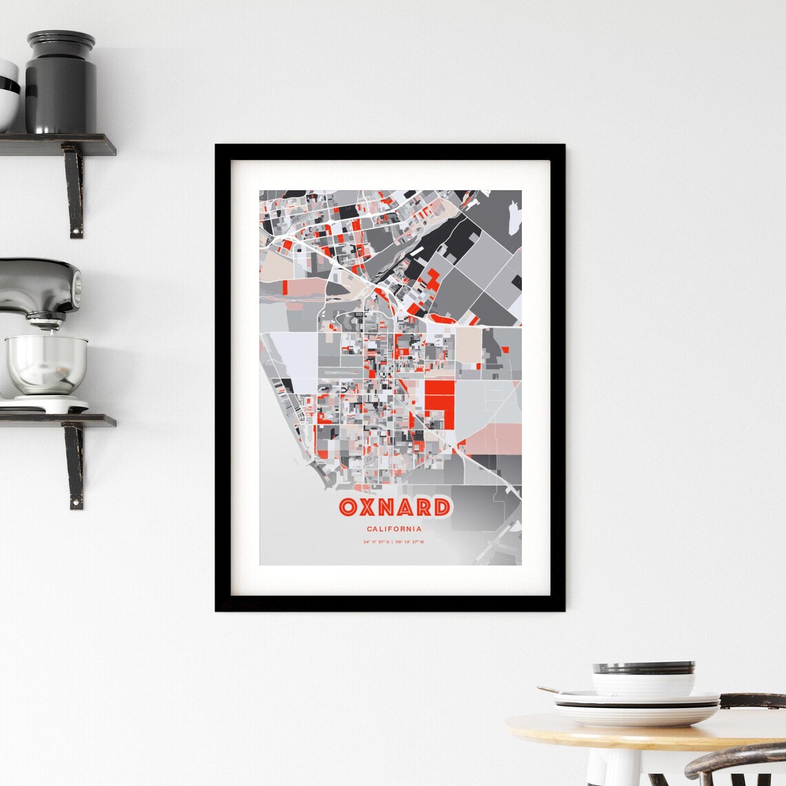 Oxnard California Modern Red Expressive City Map Poster with Coordinates - Image 2