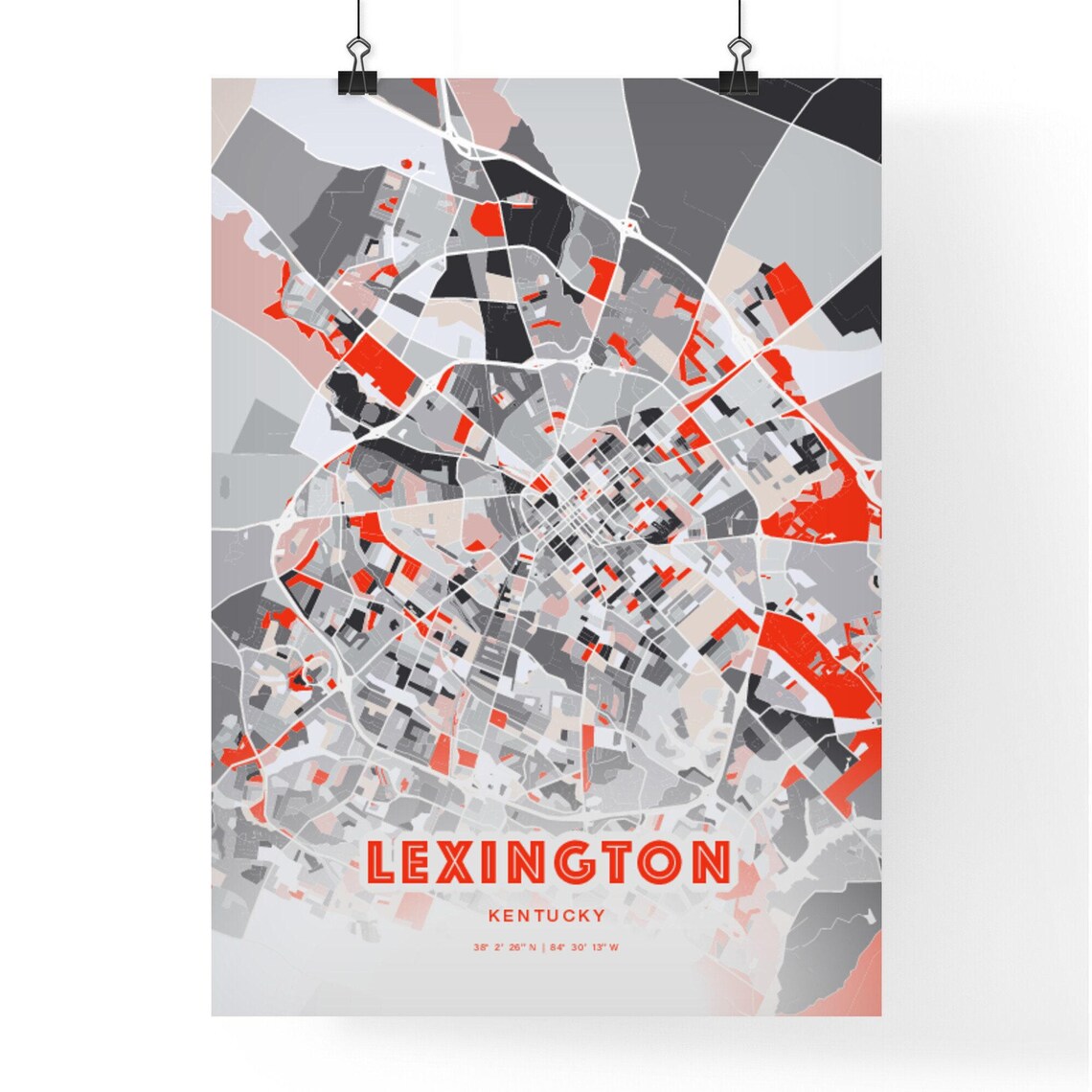 Lexington Kentucky Bold Red and Gray Modern Abstract City Map Poster - Image 3