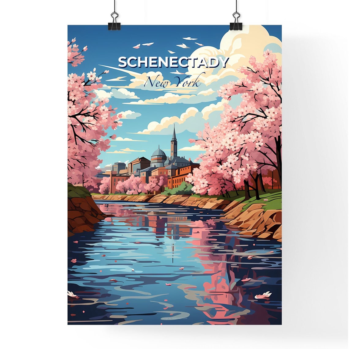 Schenectady New York Cherry Blossom River Town Scene Art Poster - Image 4