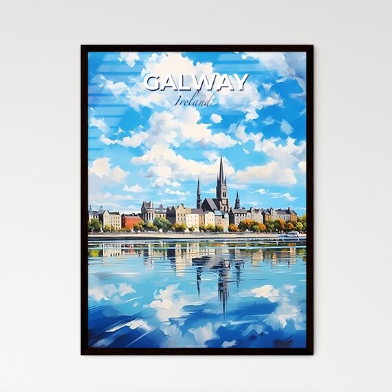 Galway Ireland Travel Poster Waterfront Cathedral Spires Reflection Art