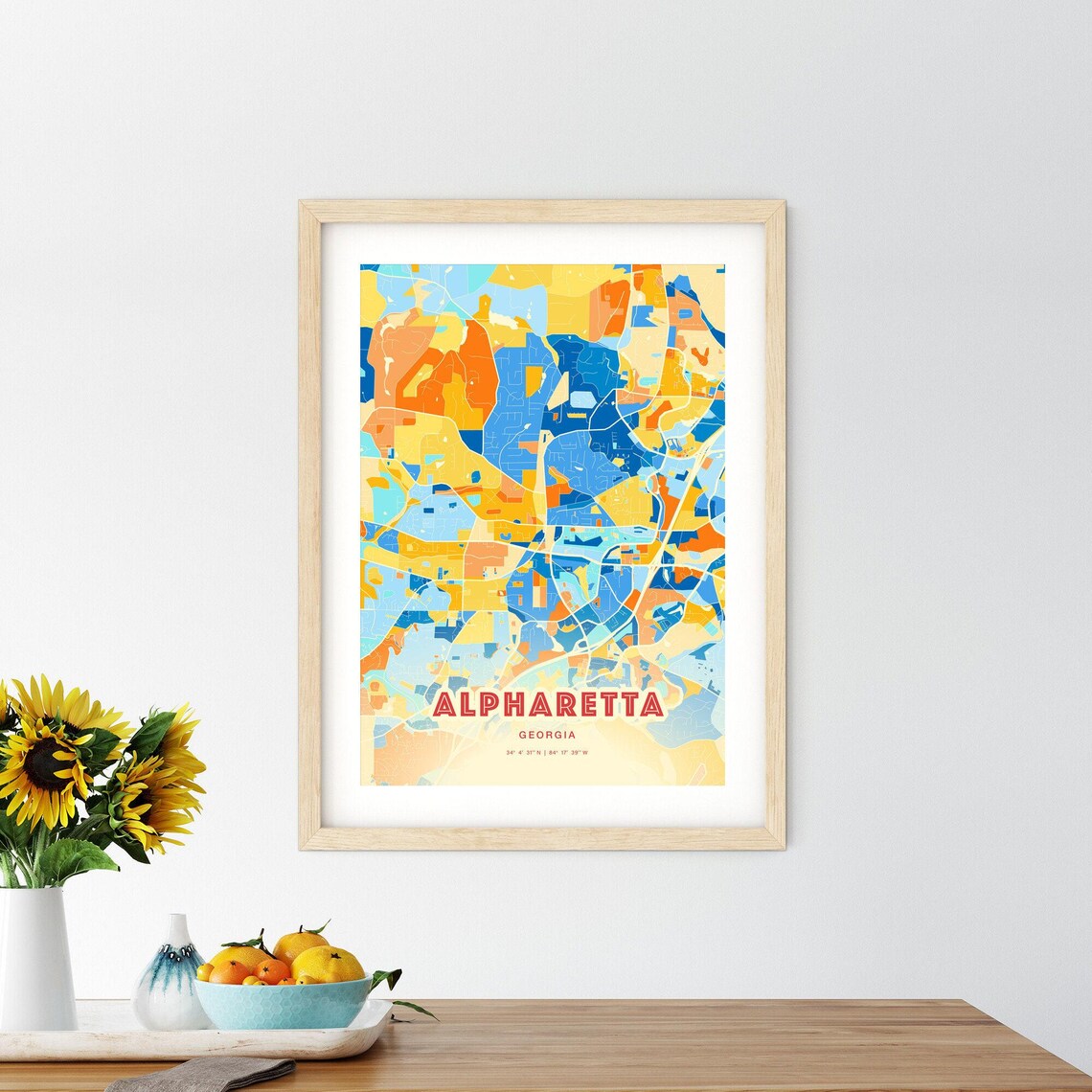 Alpharetta Georgia Colorful Blue and Orange Retro City Street Map Wall Art - Image 2