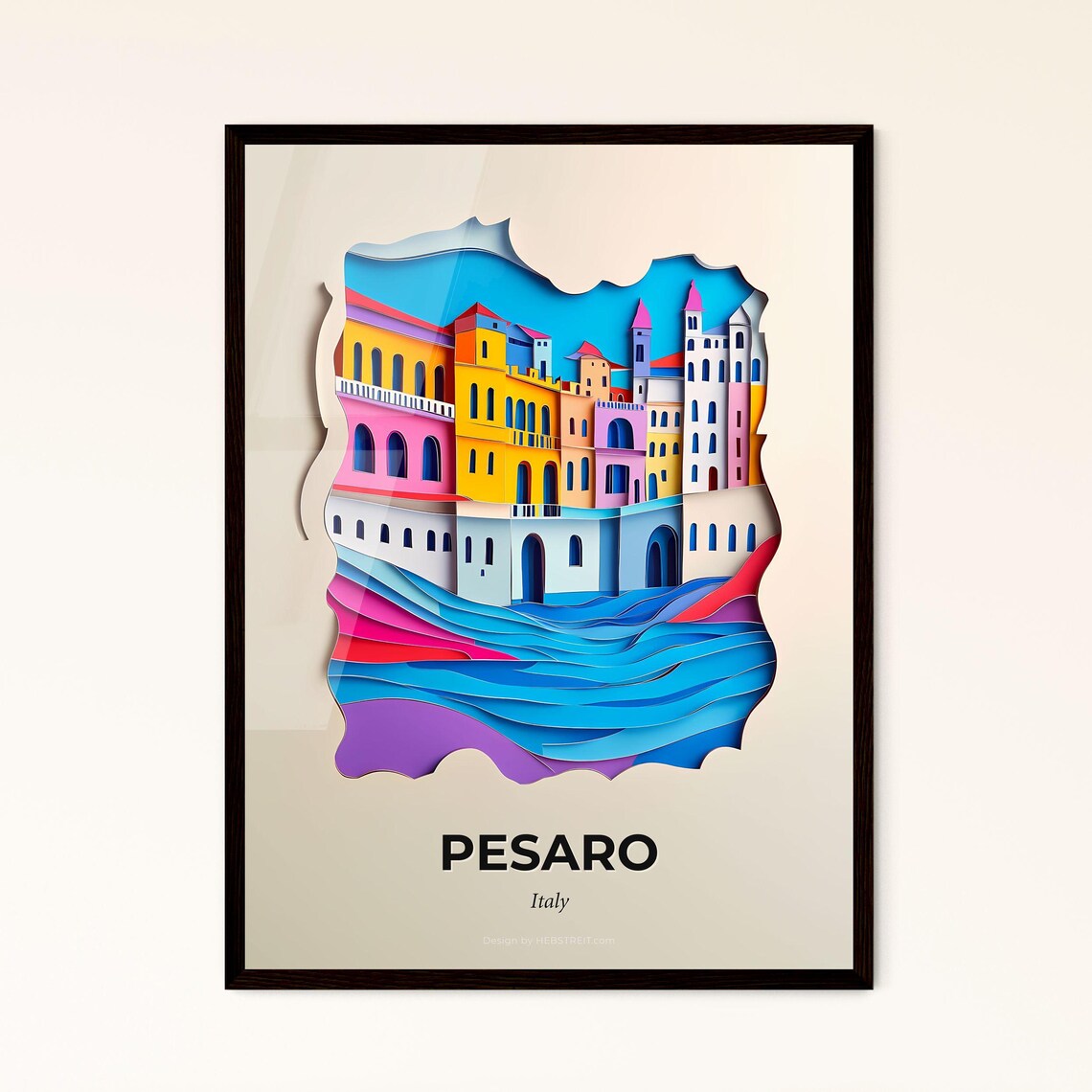 Pesaro Italy Colorful Waterfront 3D Paper Cut Coastal Town Art Poster