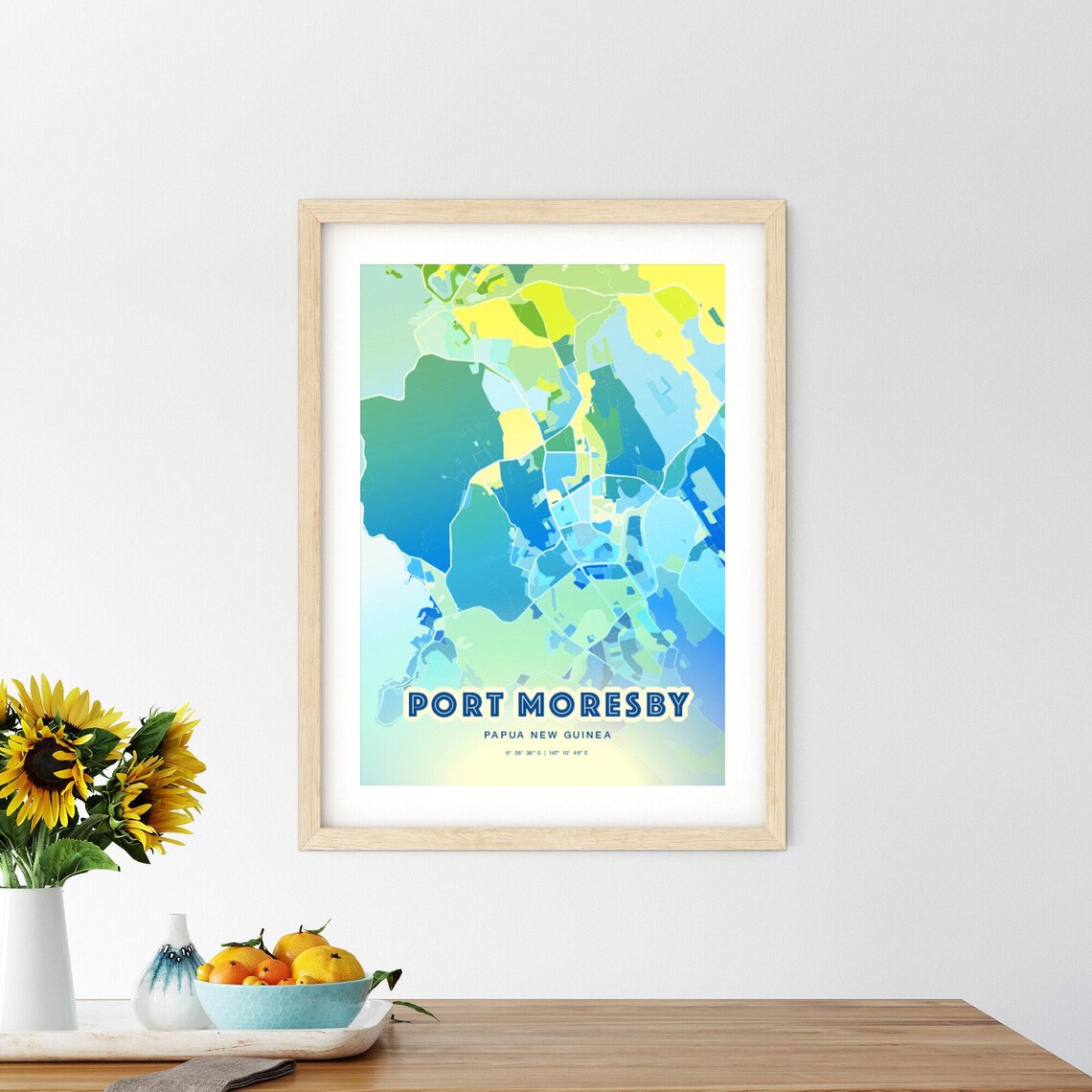 Port Moresby Papua New Guinea Pastel Blue City Map Art with Coordinates Poster - Image 2