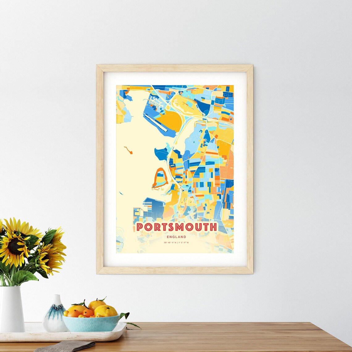 Portsmouth England Blue Orange Vibrant Coastal City Map Art Poster - Image 2