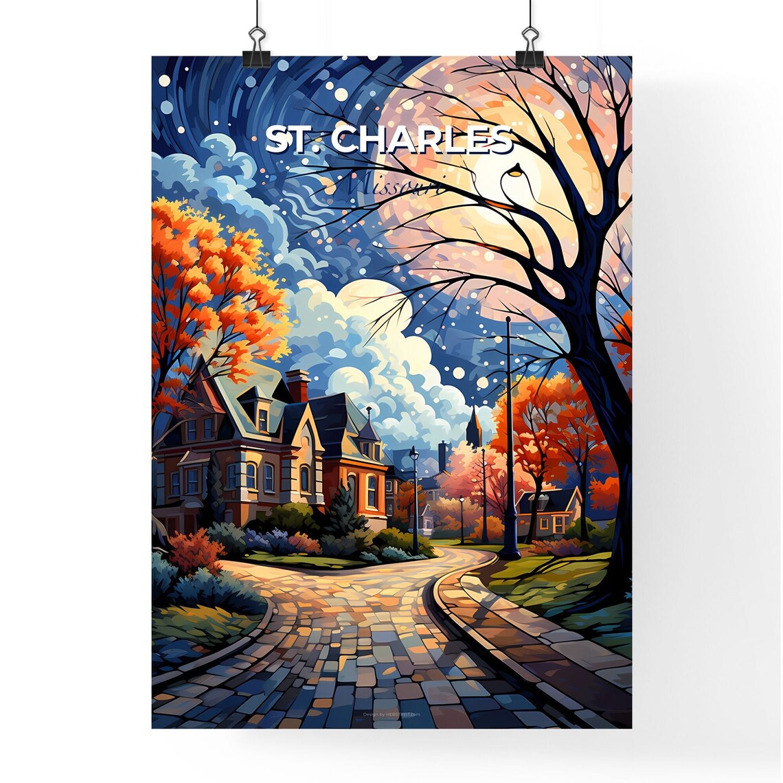 St Charles Missouri Autumn Moonlit Cobblestone Street Poster - Image 4