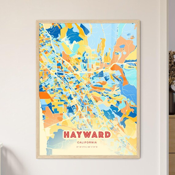 Hayward California Colorful Blue and Orange City Map Art Poster