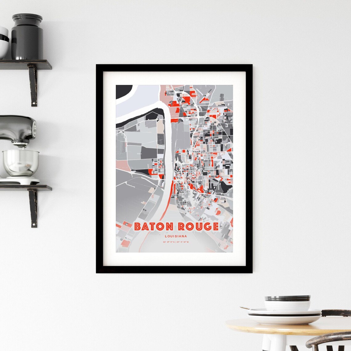 Baton Rouge Louisiana Modern Red Expressive City Map Art Poster - Image 2