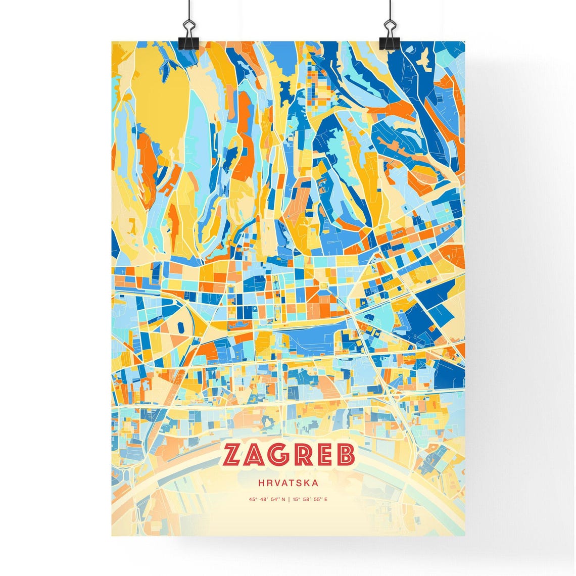 Zagreb Croatia Modern Colorful Abstract City Map Blue Orange Poster - Image 3