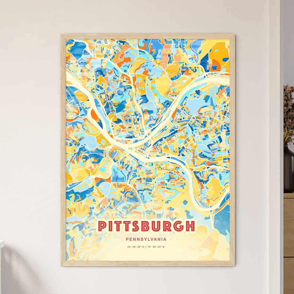 Pittsburgh Pennsylvania Colorful Blue Orange Abstract City Map Art Poster
