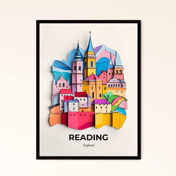 Reading England Colorful Paper Cut Town Skyline Travel Poster Art
