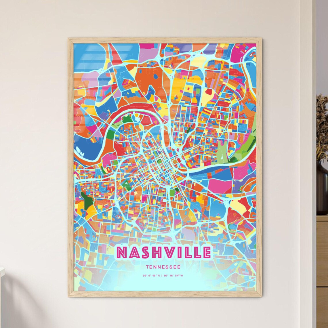 Nashville Tennessee Colorful City Map Art Poster in Pink and Turquoise