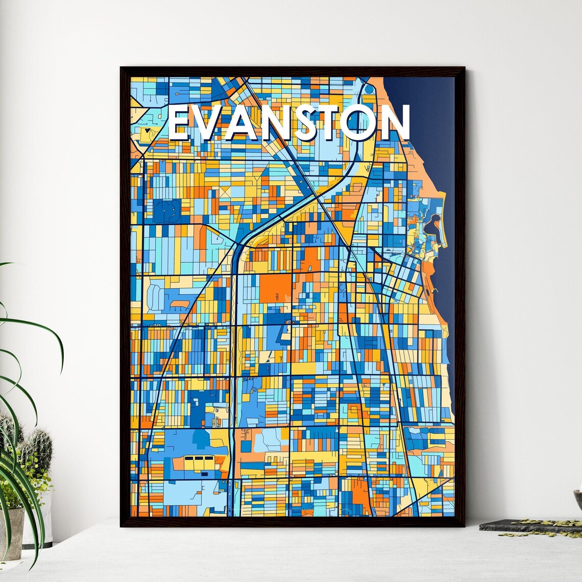 Evanston Illinois City Map Art Print Deep Navy Blue And Orange Street Grid