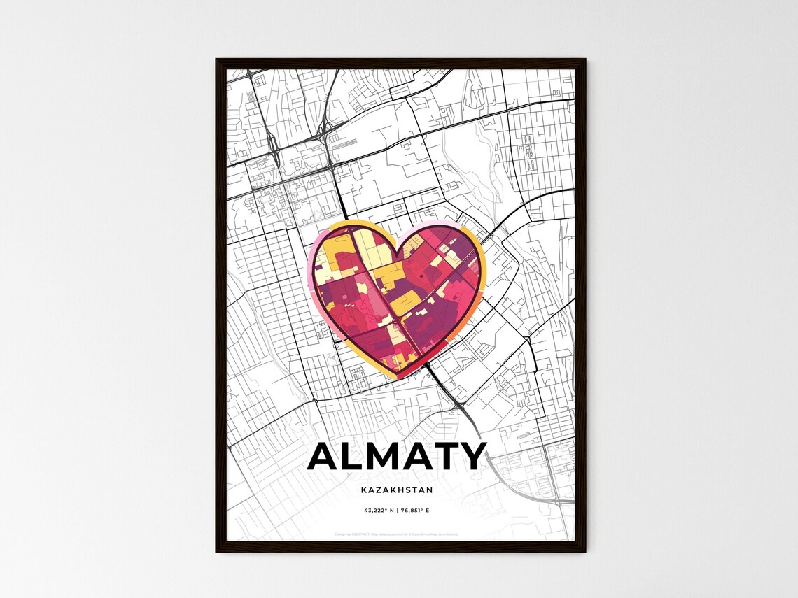 Almaty Kazakhstan Minimalist Line Art Heart Shaped City Map Poster