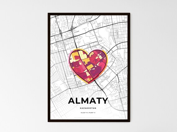 Almaty Kazakhstan Minimalist Line Art Heart Shaped City Map Poster