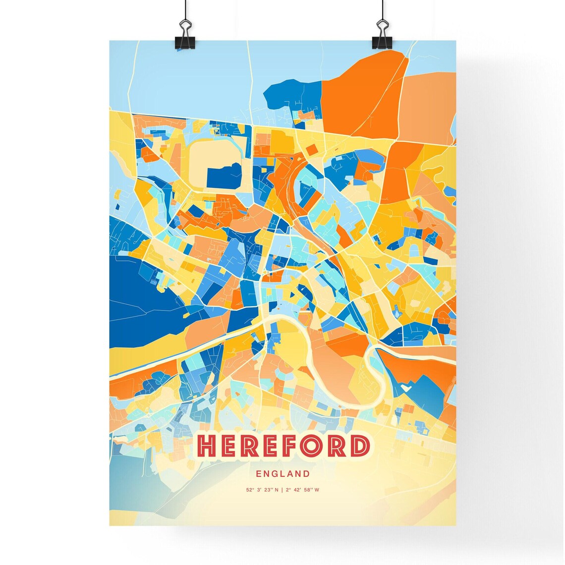 Hereford England Colorful Blue and Orange Retro City Street Map Wall Art - Image 3