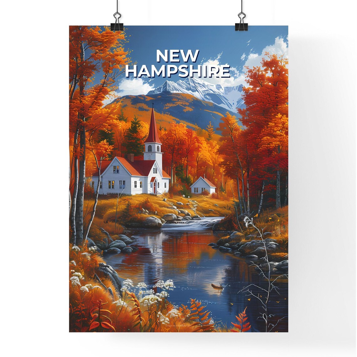 New Hampshire Autumn Church River Fall Foliage Painting Poster - Image 4