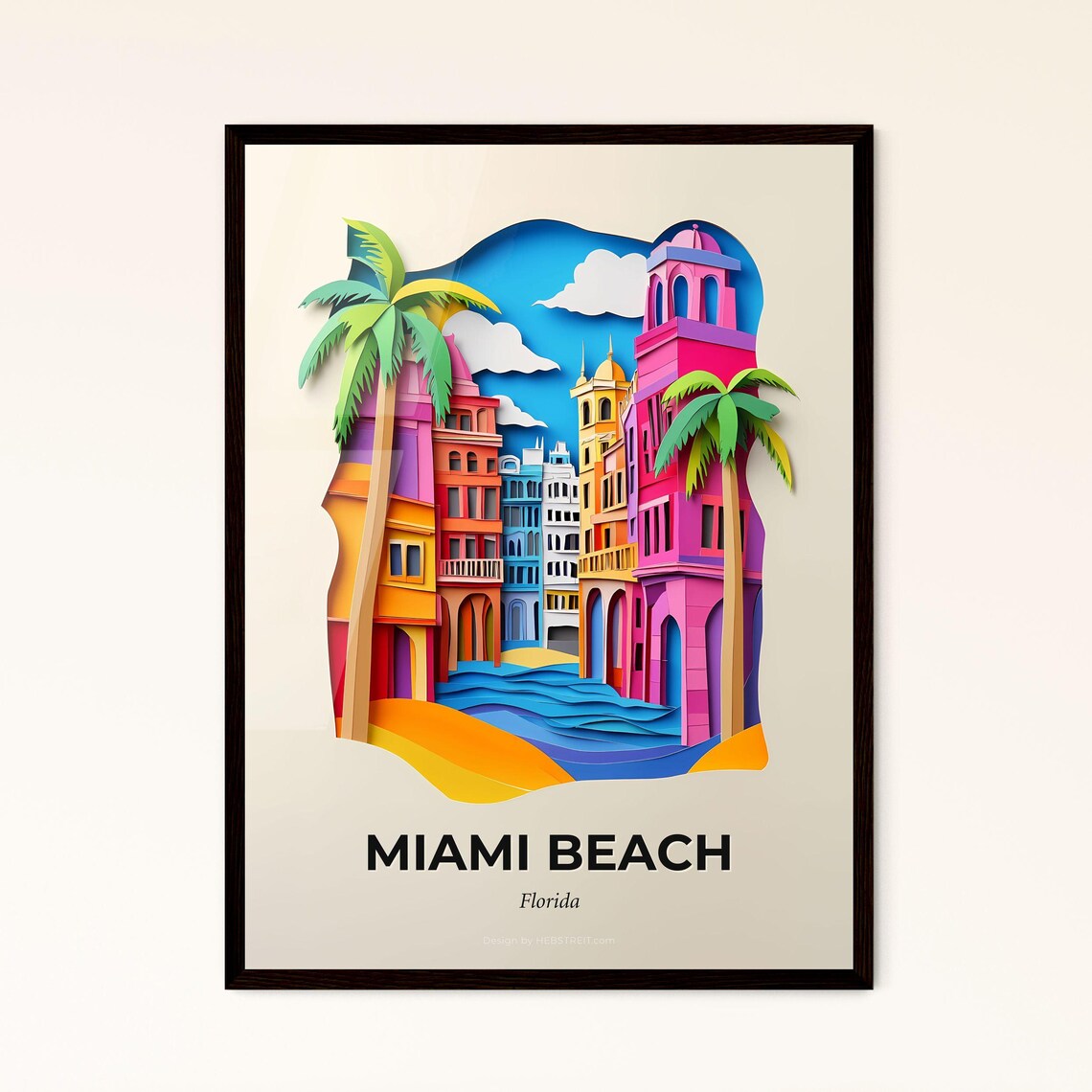 Miami Beach Florida Art Deco Street Scene Paper Cut Travel Poster