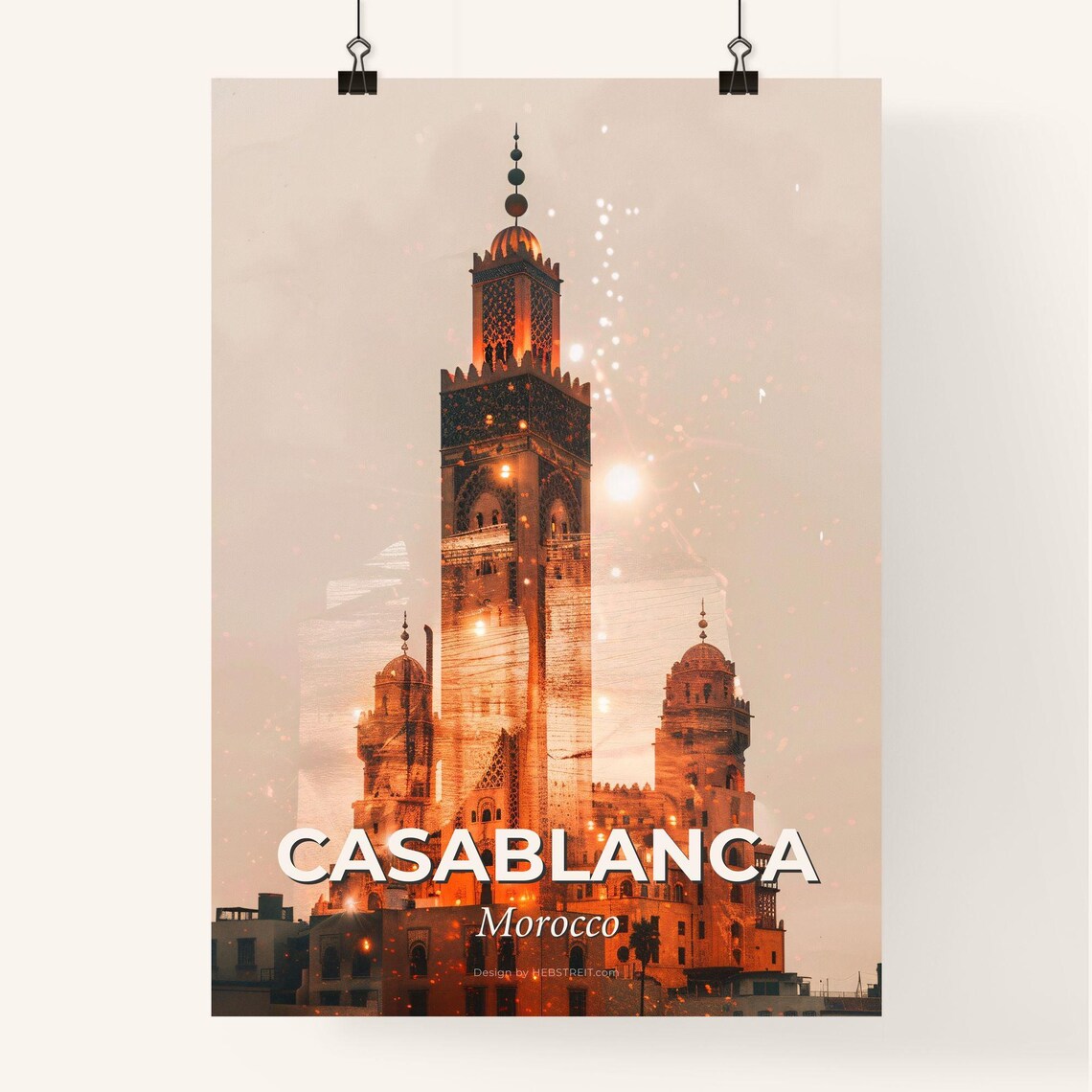 Casablanca Morocco Great Mosque Minaret Golden Night Art Poster - Image 4
