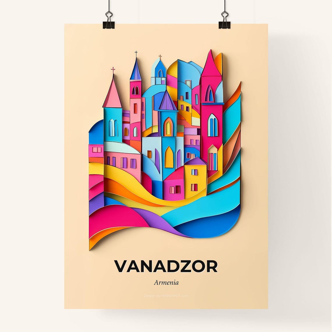 Vanadzor Armenia Colorful Churches Waves Paper Cut Art Poster - Image 4
