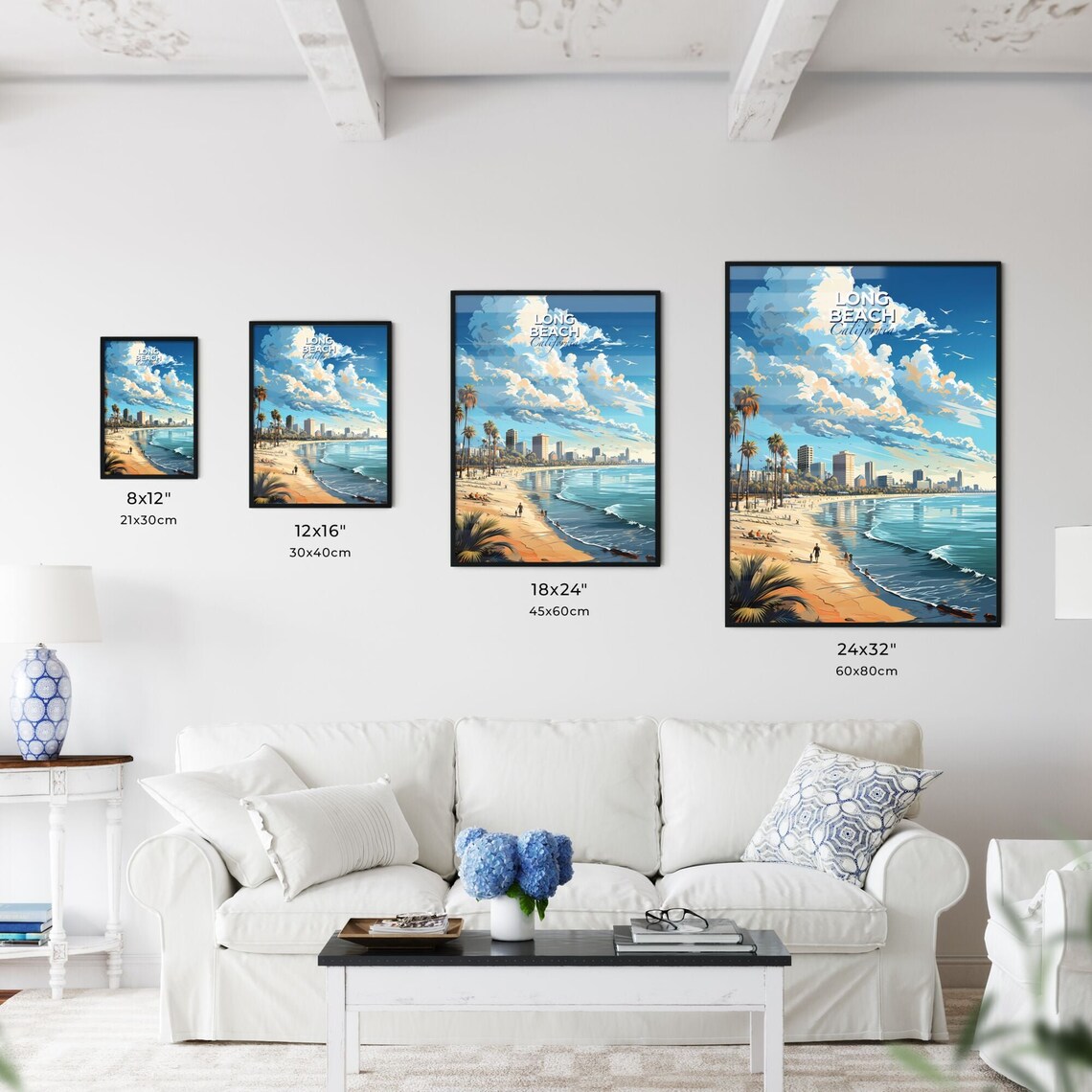 Long Beach California Palm Beach Skyline Ocean Travel Poster Art - Image 3