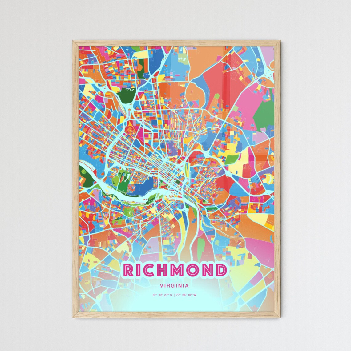 Richmond Virginia Colorful City Map Art Poster in Pink and Turquoise