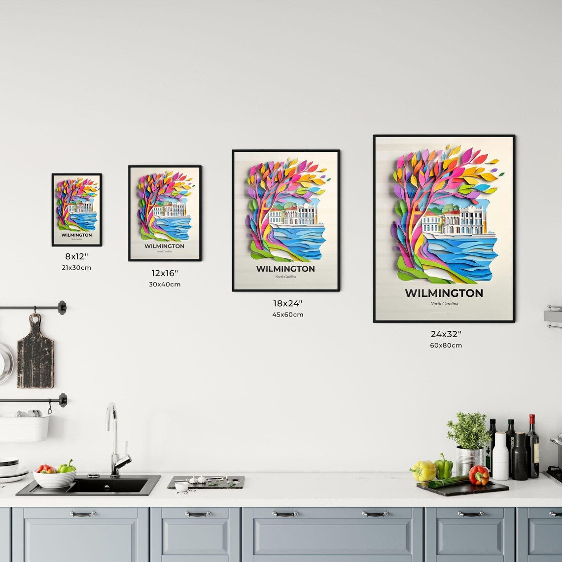 Wilmington North Carolina Waves Colorful Tree Paper Cut Poster - Image 3