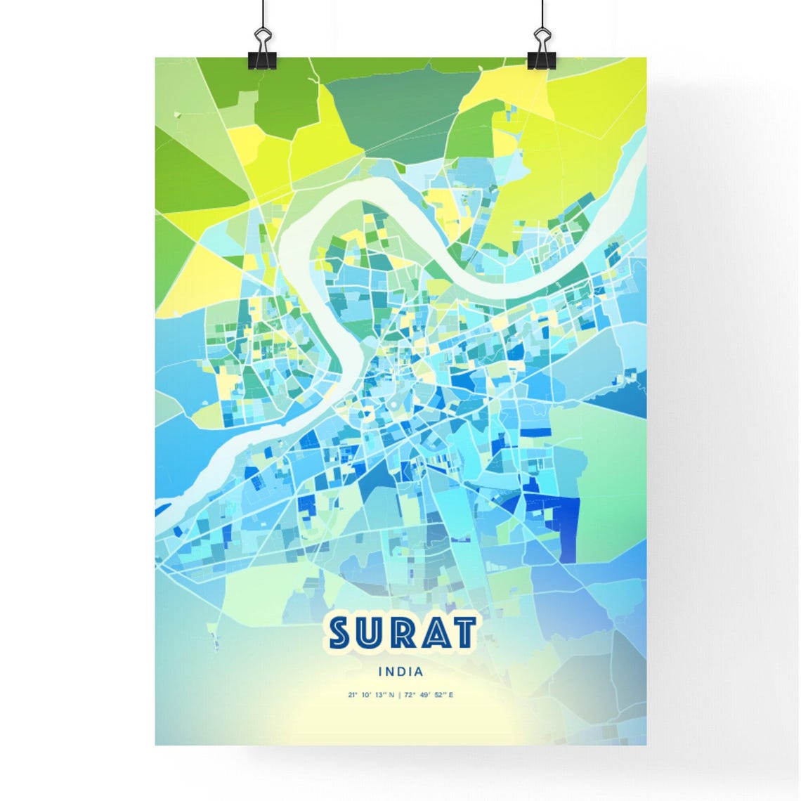 Surat India Pastel Blue City Map Art with Coordinates Poster - Image 3