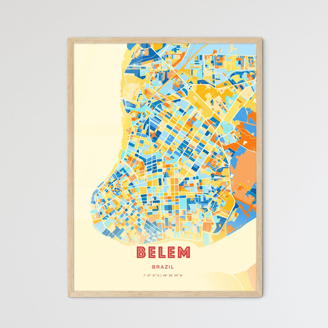 Belem Brazil Colorful Blue Orange City Map Art Poster with Coordinates