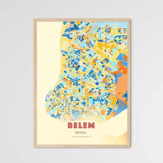 Belem Brazil Colorful Blue Orange City Map Art Poster with Coordinates