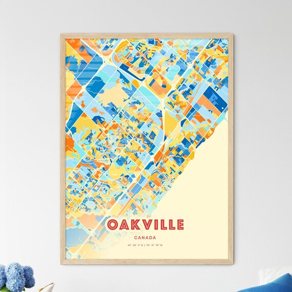 Oakville Canada Colorful City Map Art Poster in Orange Blue and Cream
