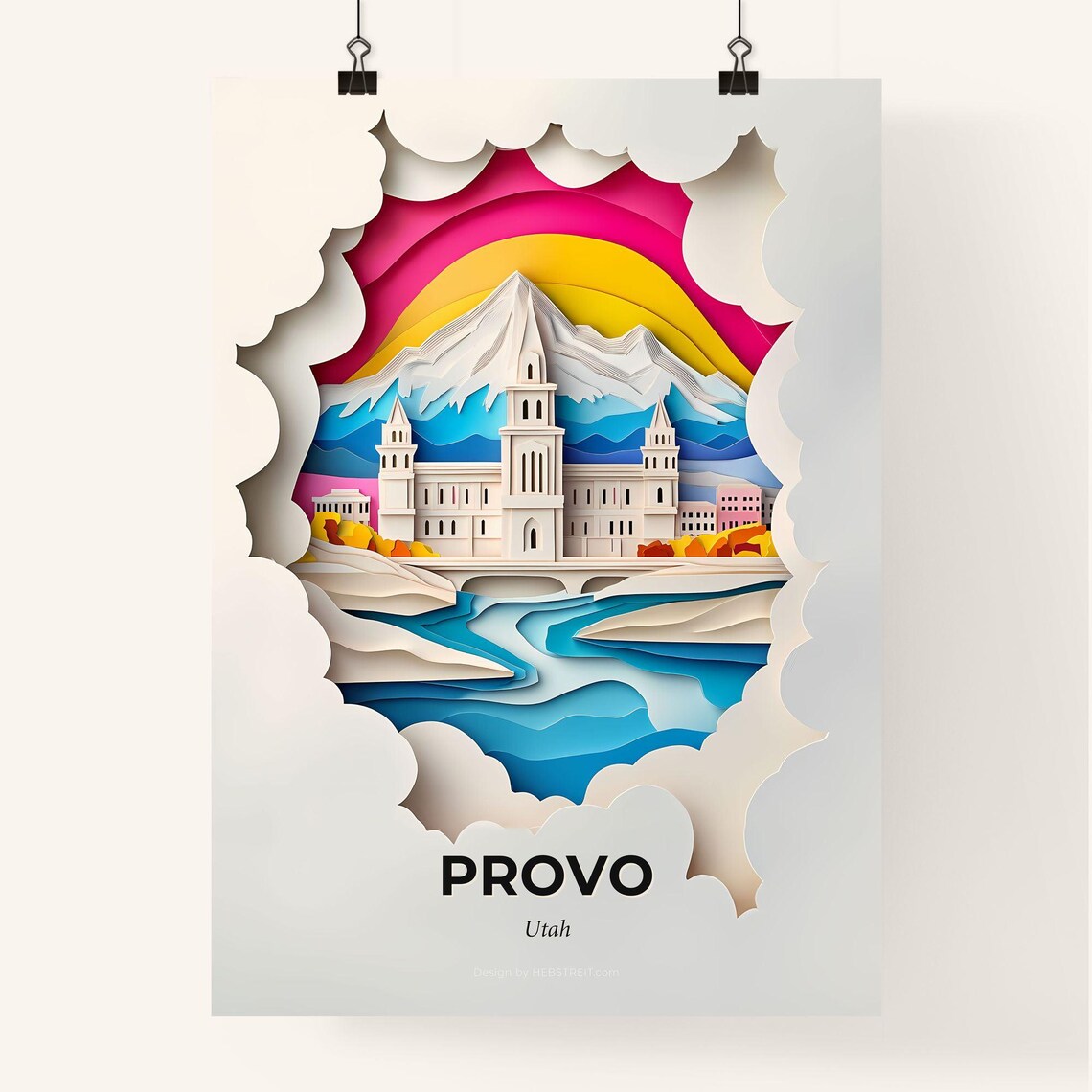 Vivid Provo Utah Mountain Church River Papercut Travel Poster - Image 4