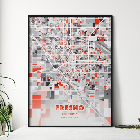Fresno California Modern Red Gray Expressive City Map Poster Customizable