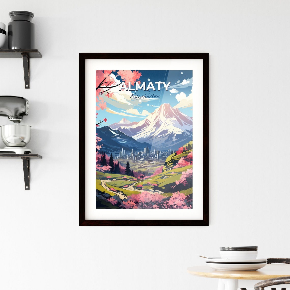 Almaty Kazakhstan Snow Capped Mountain Cherry Blossom Travel Poster - Image 2