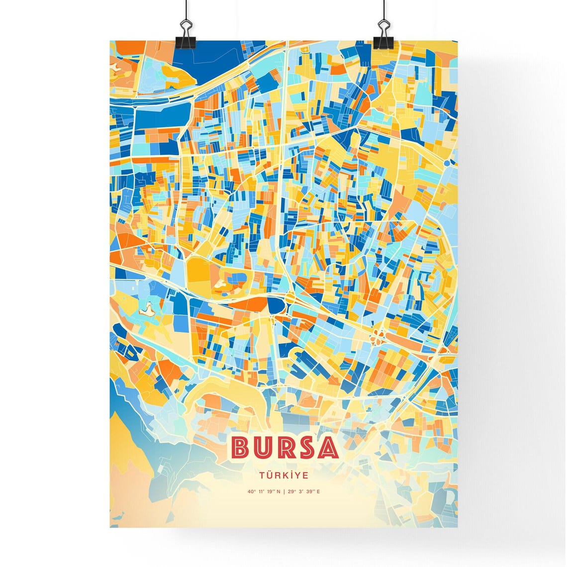Bursa Turkey Bold Vibrant Blue Orange Mosaic City Map Poster - Image 3