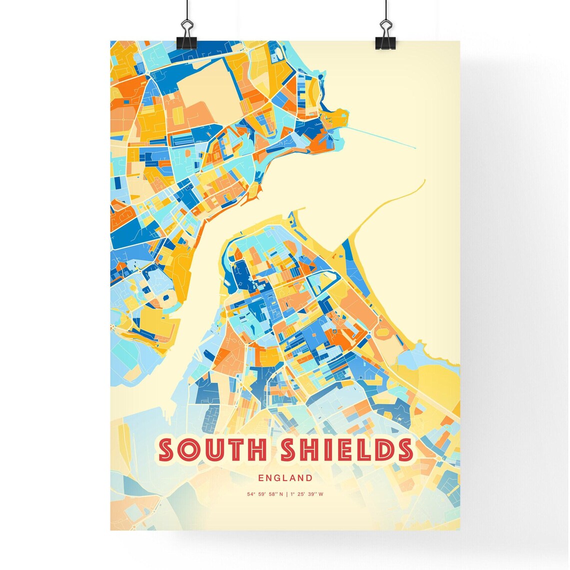 South Shields England Colorful Blue and Orange Street Map City Art Poster - Image 3