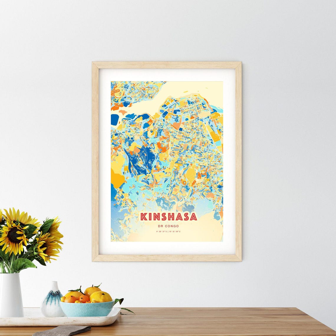 Kinshasa DR Congo Blue Orange Vibrant Abstract City Map Art Poster - Image 2