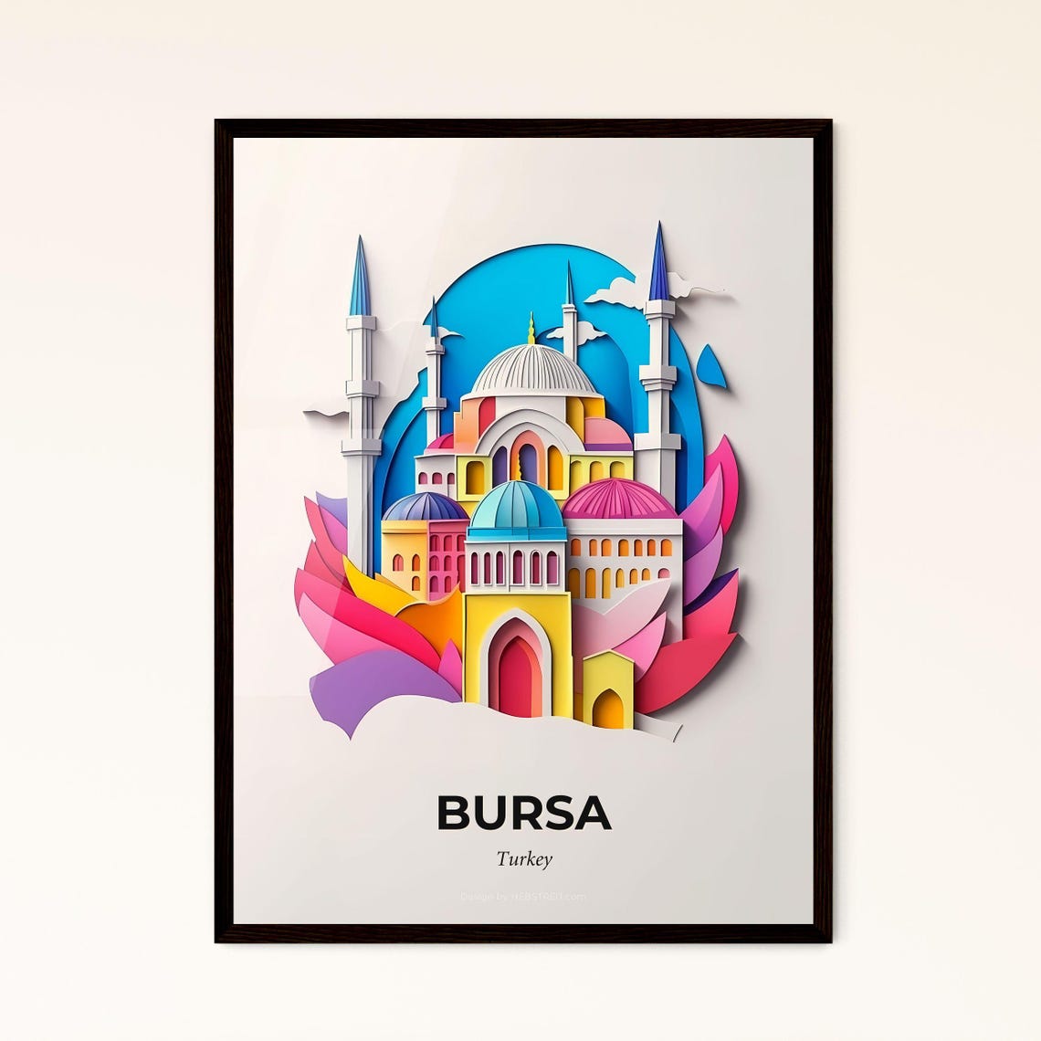 Bursa Turkey Colorful Ottoman Mosque 3D Paper Cut Domes Art Poster