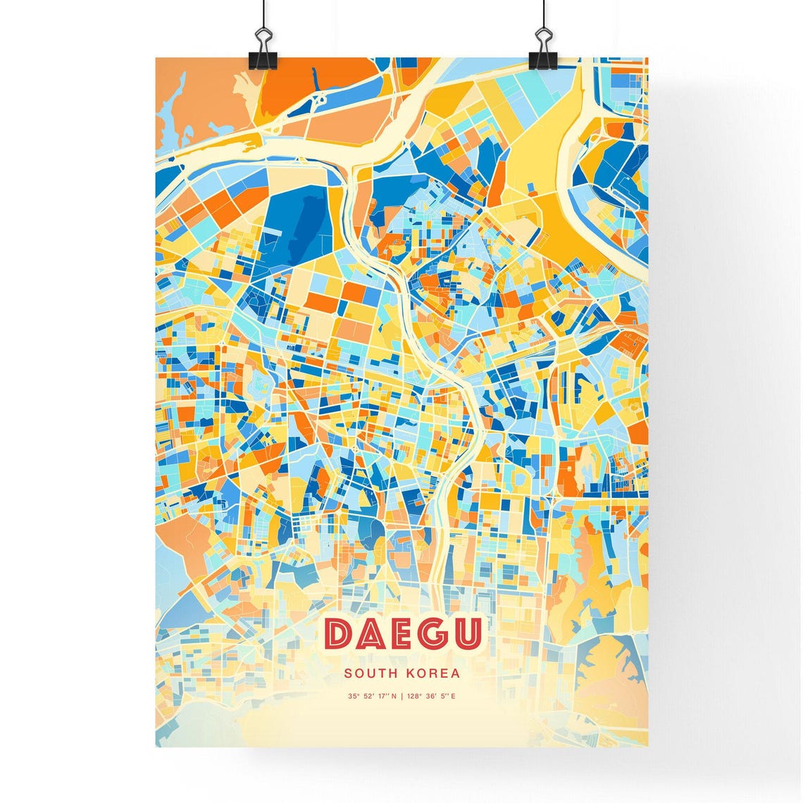 Daegu South Korea Modern Geometric Blue Orange City Map Art Poster - Image 3