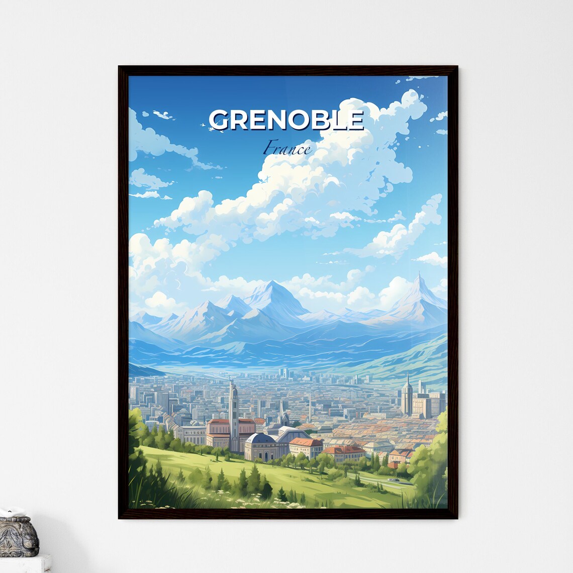 Grenoble France Alpine Mountain Cityscape Snowy Peak Travel Poster